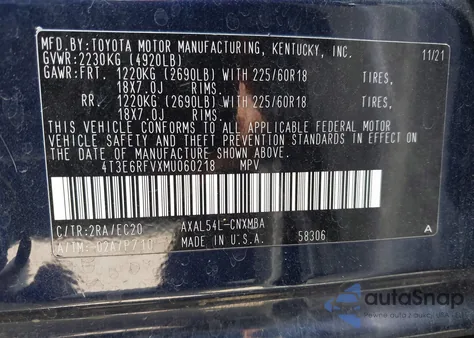 2021 Toyota Rav4 Xse из США, поврежденный, VIN 4T3E6RFVXMU060218